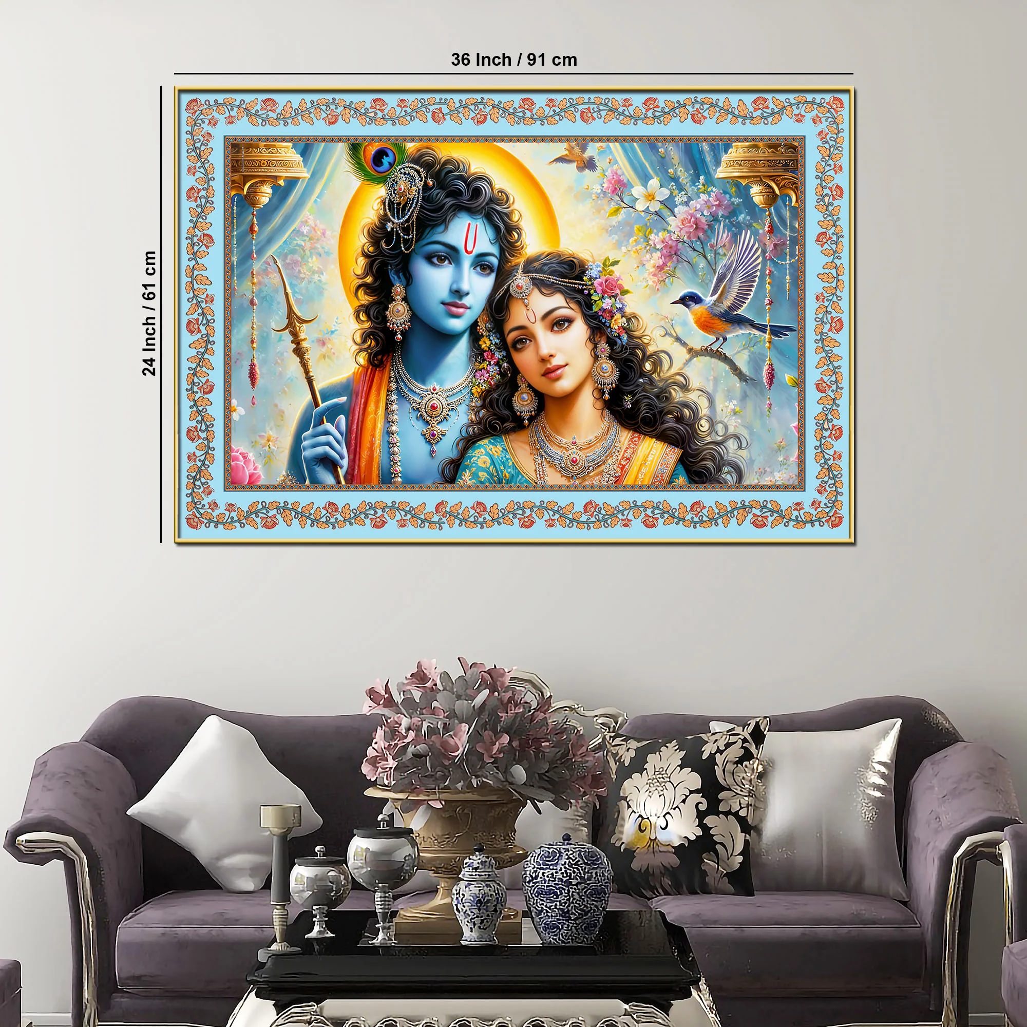 Beautiful Modern Art Radha Krishna Floral Border Canvas Wall Painting - Image 6