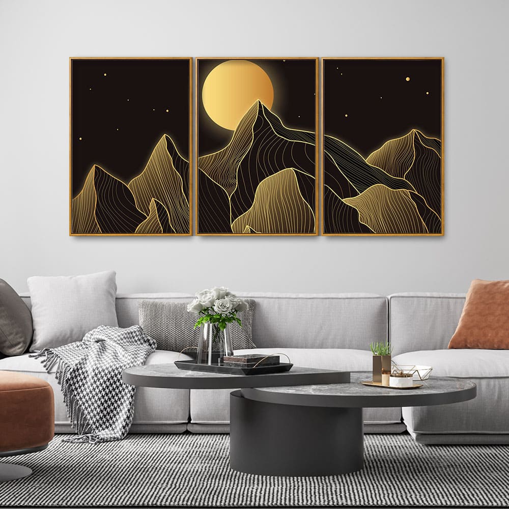 Beautiful Moon and Golden Mountains Floating Canvas Wall Painting Set of Three - Image 2
