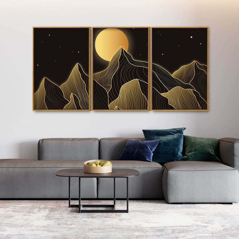 Beautiful Moon and Golden Mountains Floating Canvas Wall Painting Set of Three - Image 3