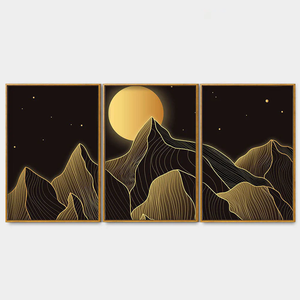 Beautiful Moon and Golden Mountains Floating Canvas Wall Painting Set of Three - Image 4