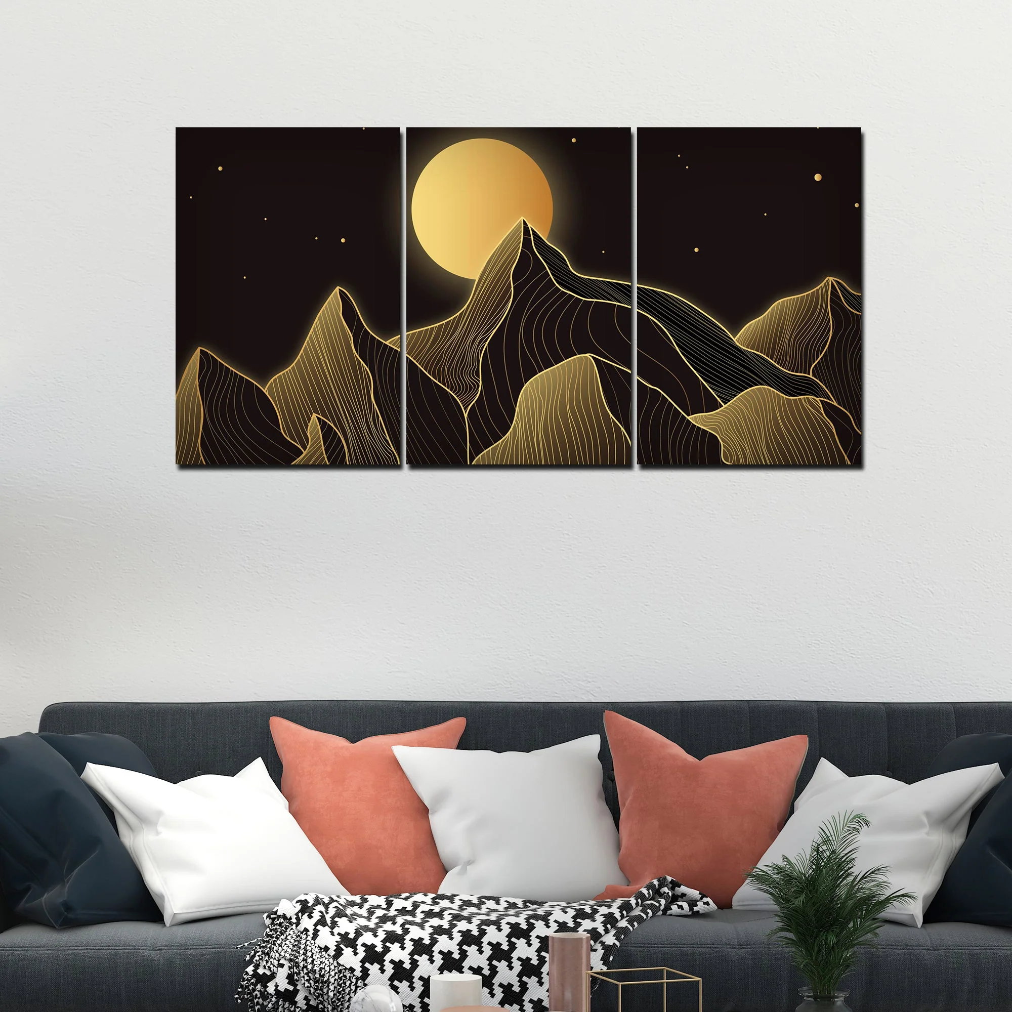 Beautiful Moon and Golden Mountains Wall Painting of 3 Pieces - Image 2