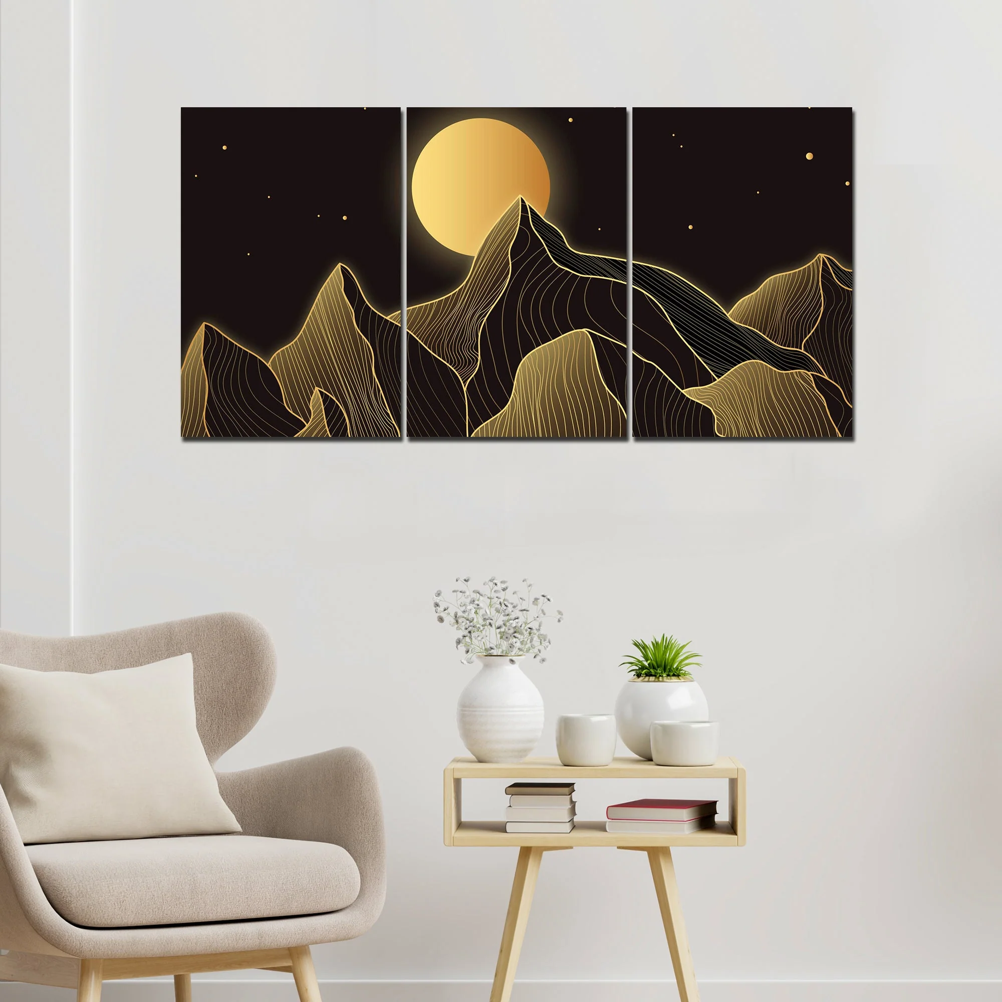 Beautiful Moon and Golden Mountains Wall Painting of 3 Pieces - Image 3