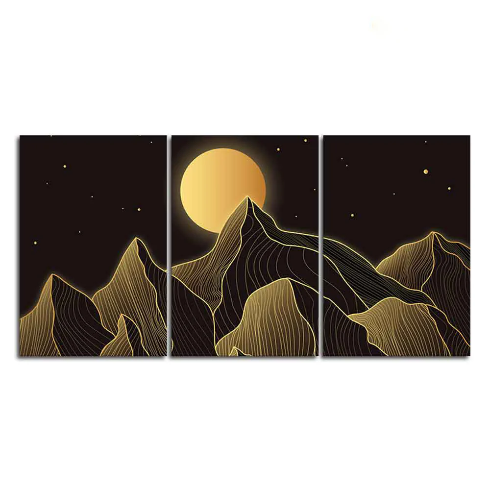 Beautiful Moon and Golden Mountains Wall Painting of 3 Pieces - Image 4