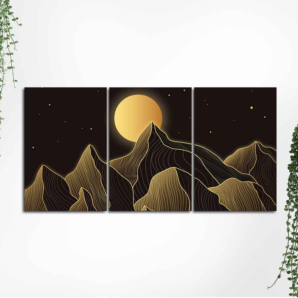 Beautiful Moon and Golden Mountains Wall Painting of 3 Pieces - Image 5