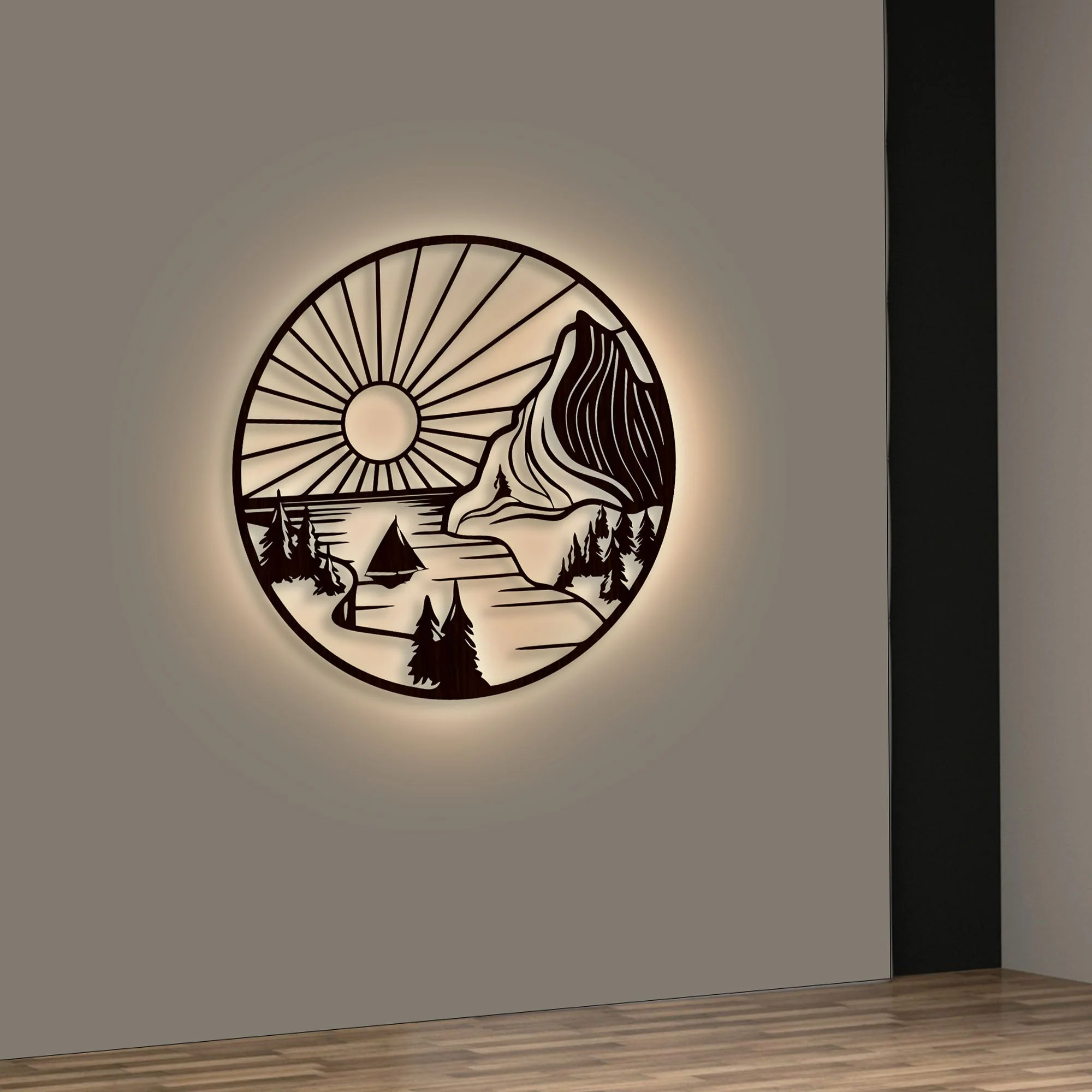 Beautiful Mountain and Rising Sun Scenery Backlit Wooden Wall Decor with LED Night Light Walnut Finish - Image 2