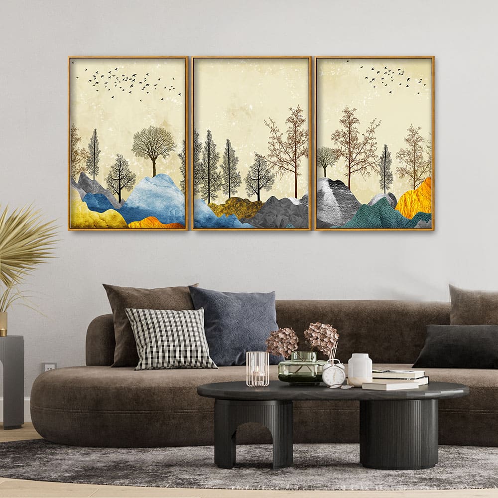 Beautiful Mountain Landscape with Trees Premium Floating Canvas Wall Painting Set of Three - Image 2