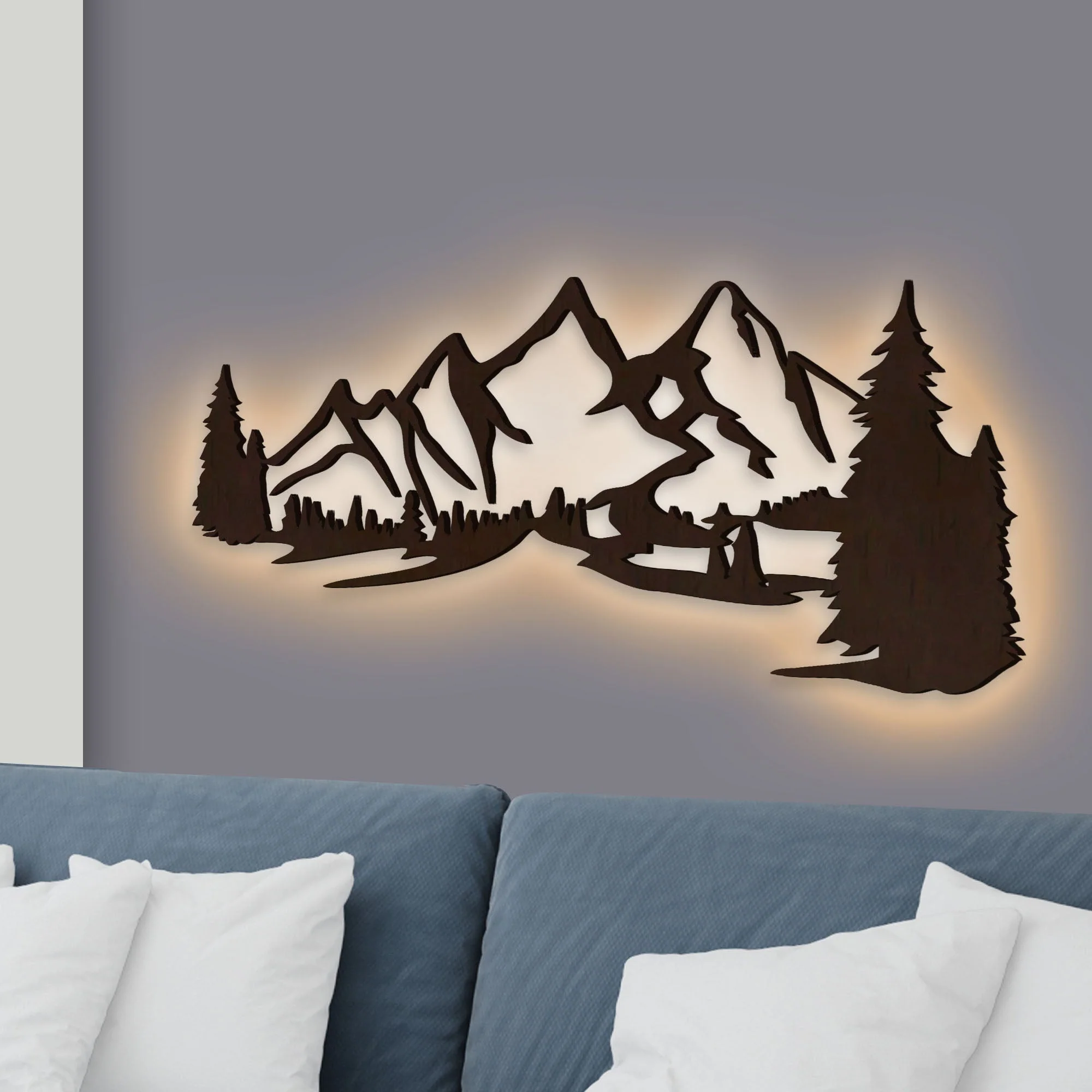 Beautiful Mountain Scenery Backlit Wooden Wall Decor with LED Night Light Walnut Finish - Image 2