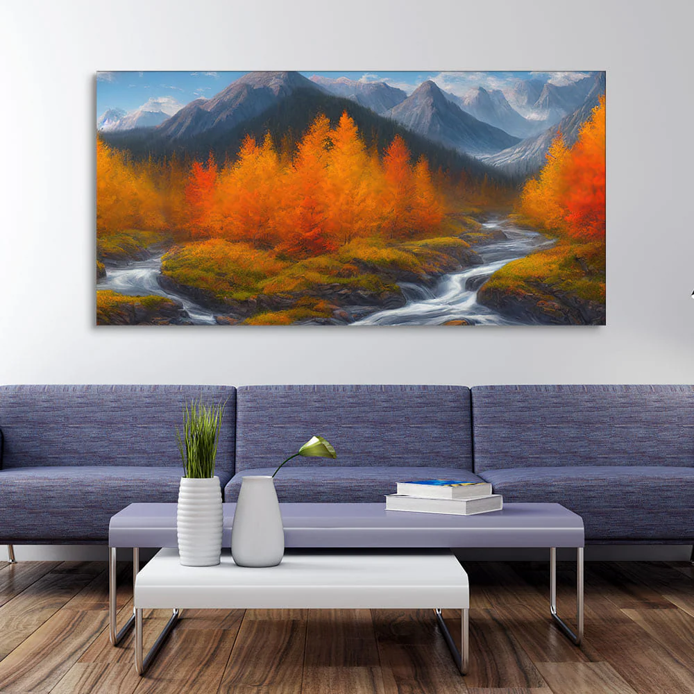 Beautiful Mountains with Autumn foliage of Trees Canvas Wall Painting - Image 2