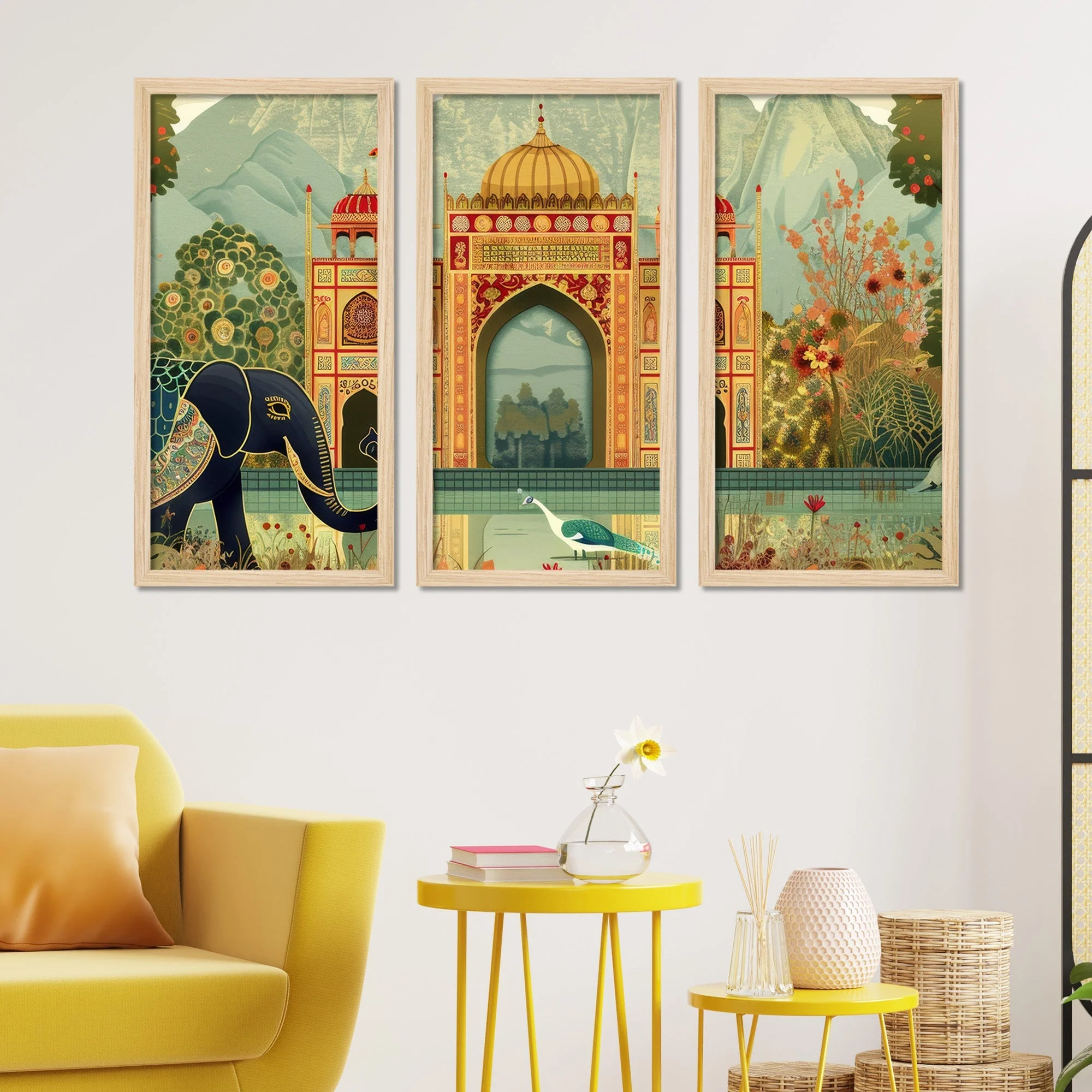 Beautiful Mughal Garden with Elephants Peacocks Art Wooden Wall Frame Set of Three - Image 2