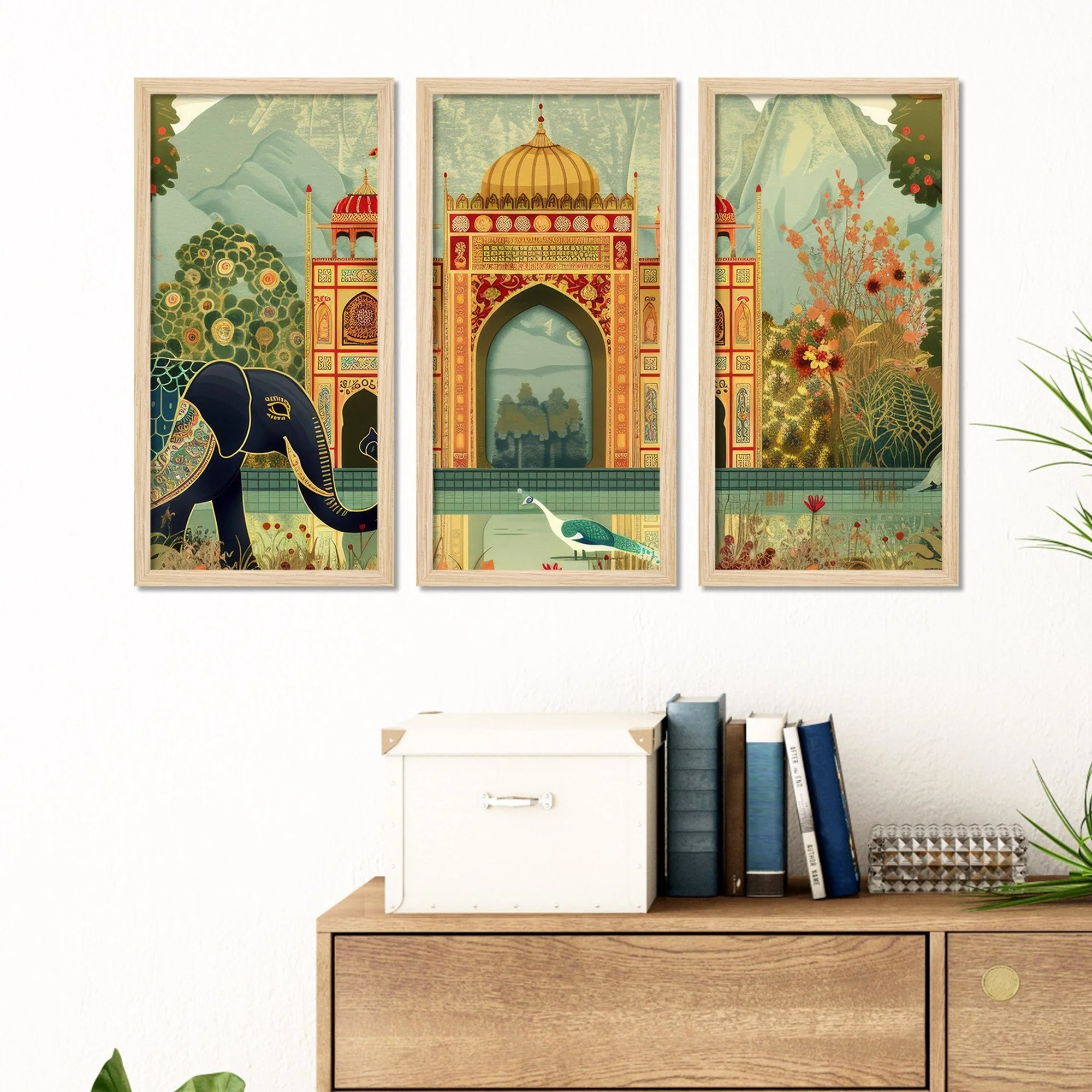 Beautiful Mughal Garden with Elephants Peacocks Art Wooden Wall Frame Set of Three - Image 3