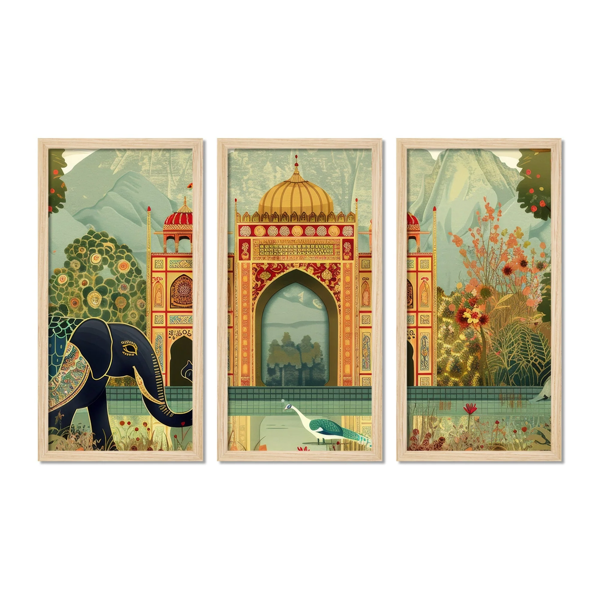 Beautiful Mughal Garden with Elephants Peacocks Art Wooden Wall Frame Set of Three - Image 4