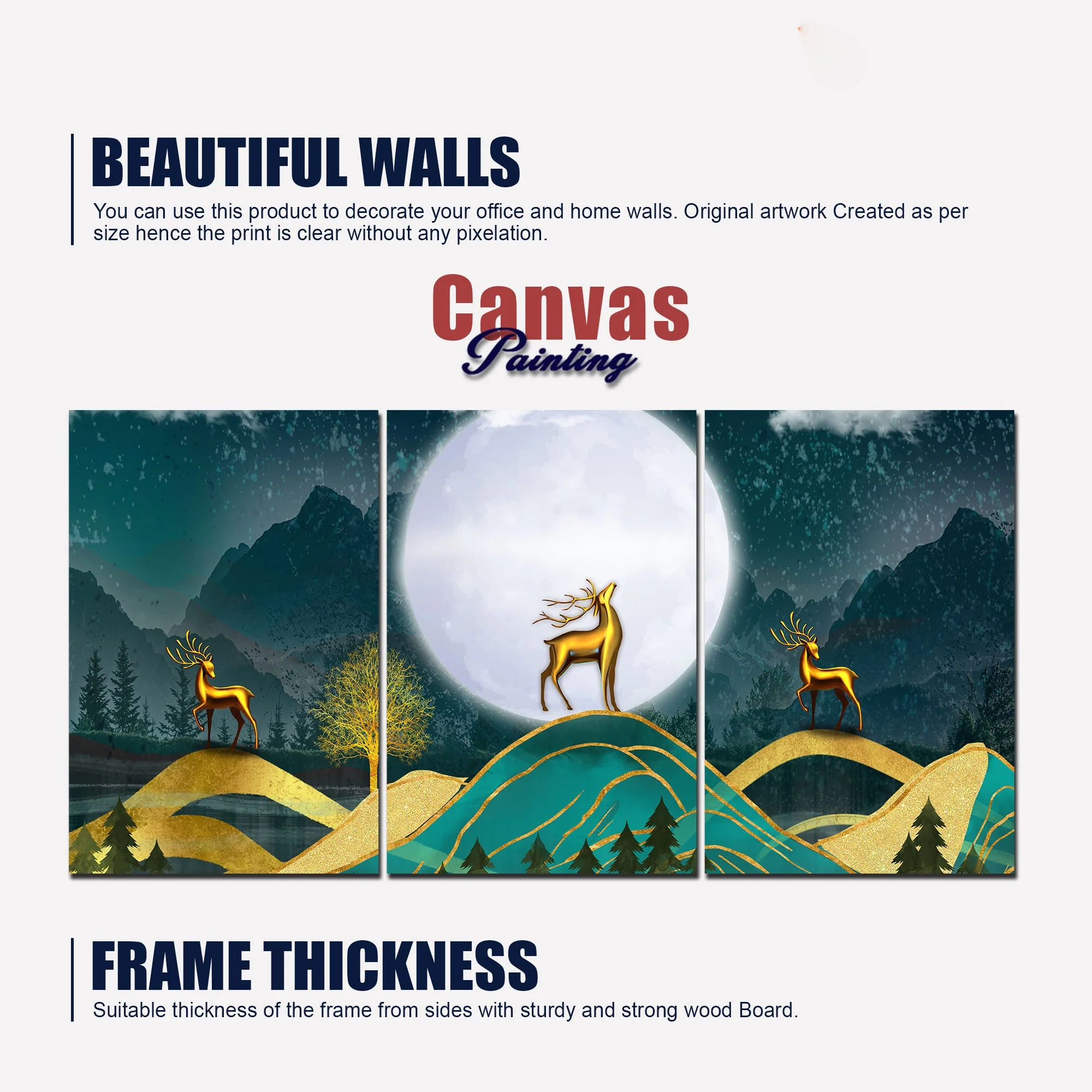 Beautiful Night Landscape Golden Deer Wall Painting of Three Pieces - Image 6