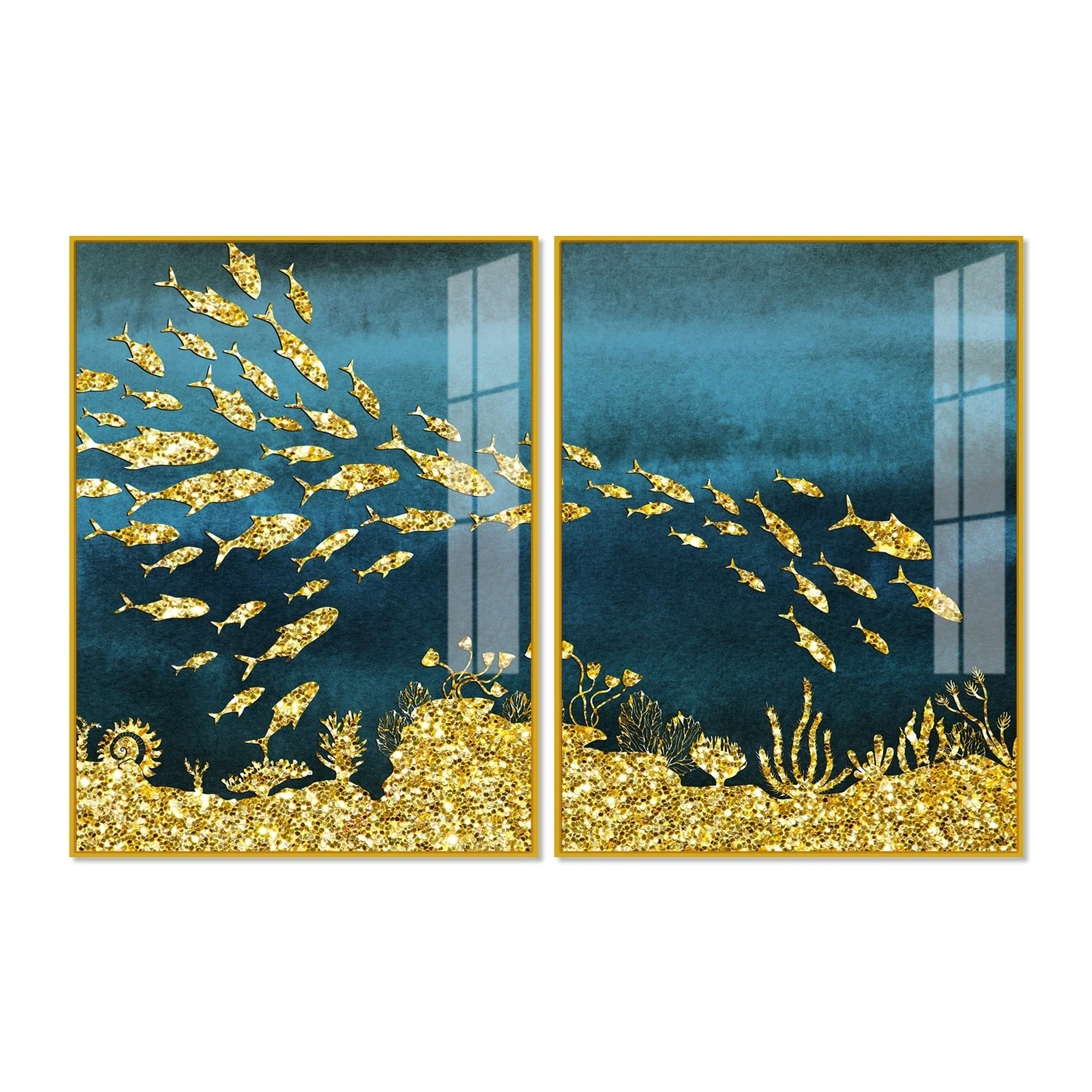 Beautiful Ocean View of Golden Fish Pattern Acrylic Floating Wall Painting Set Of 2 - Image 5