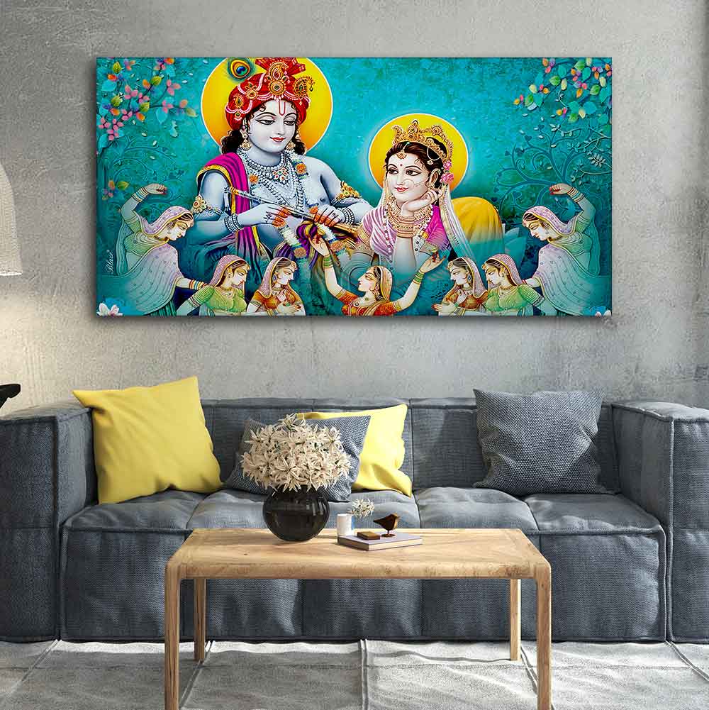 Big Panoramic Radha Krishna Canvas Wall Painting - Image 2