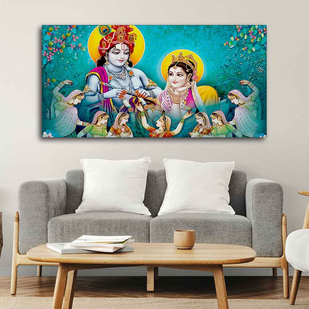 Big Panoramic Radha Krishna Canvas Wall Painting - Image 3