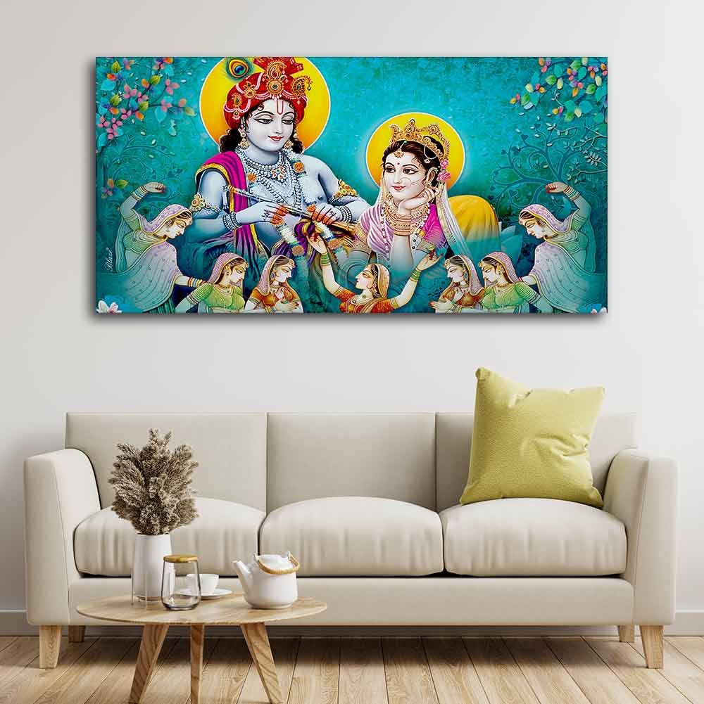 Big Panoramic Radha Krishna Canvas Wall Painting - Image 4