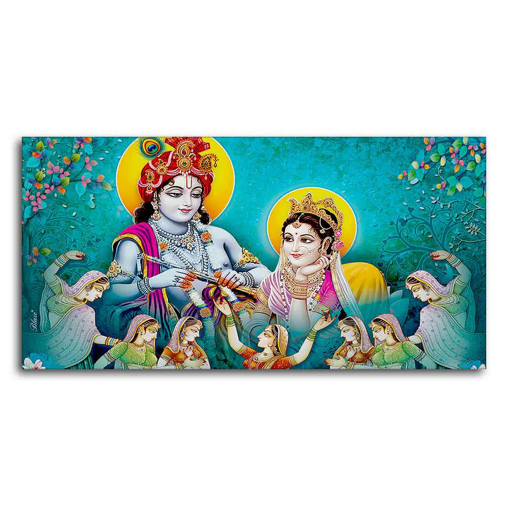 Big Panoramic Radha Krishna Canvas Wall Painting - Image 5
