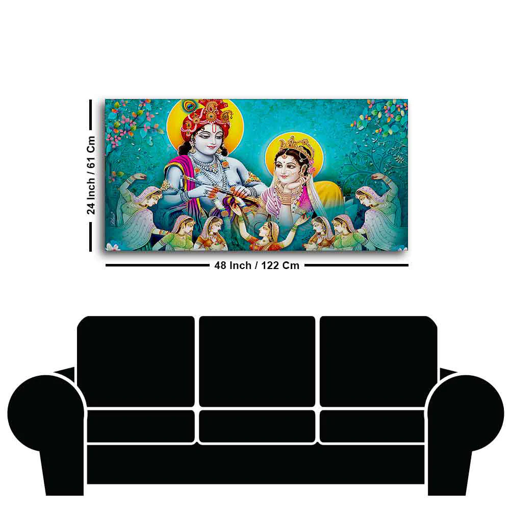 Big Panoramic Radha Krishna Canvas Wall Painting - Image 7