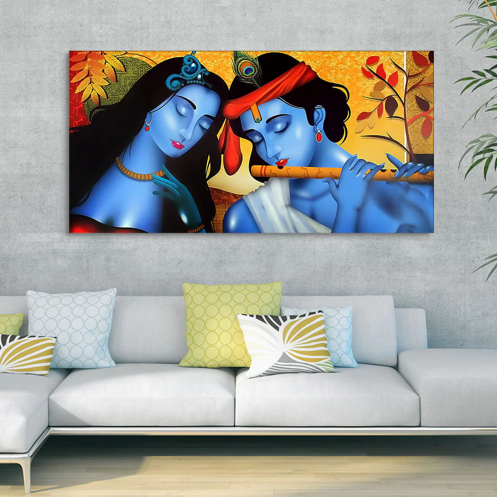 Beautiful Painting of Radha Krishna with Flute Canvas Wall Painting - Image 2