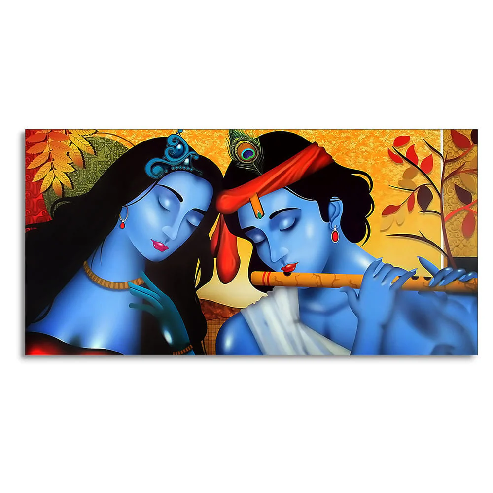 Beautiful Painting of Radha Krishna with Flute Canvas Wall Painting - Image 4