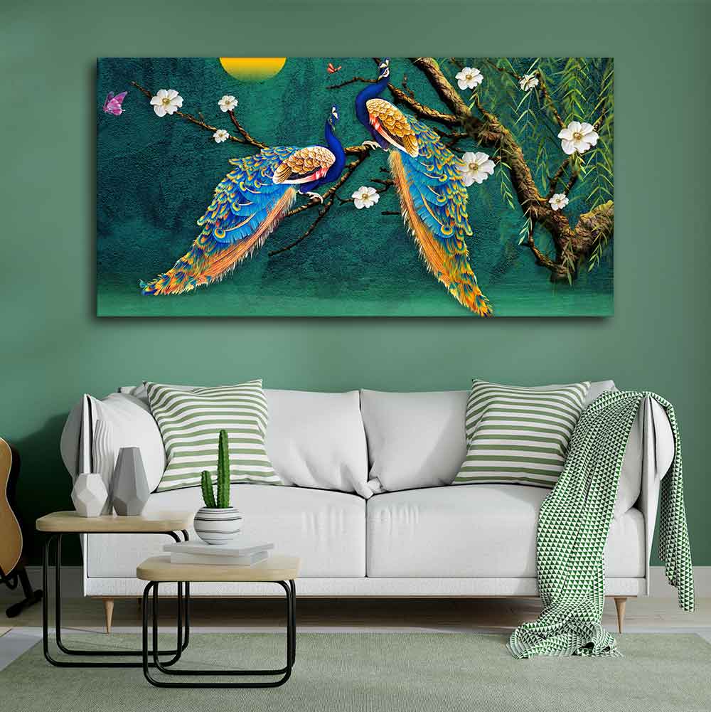 Beautiful Pair of Peacock Canvas Wall Painting - Image 2