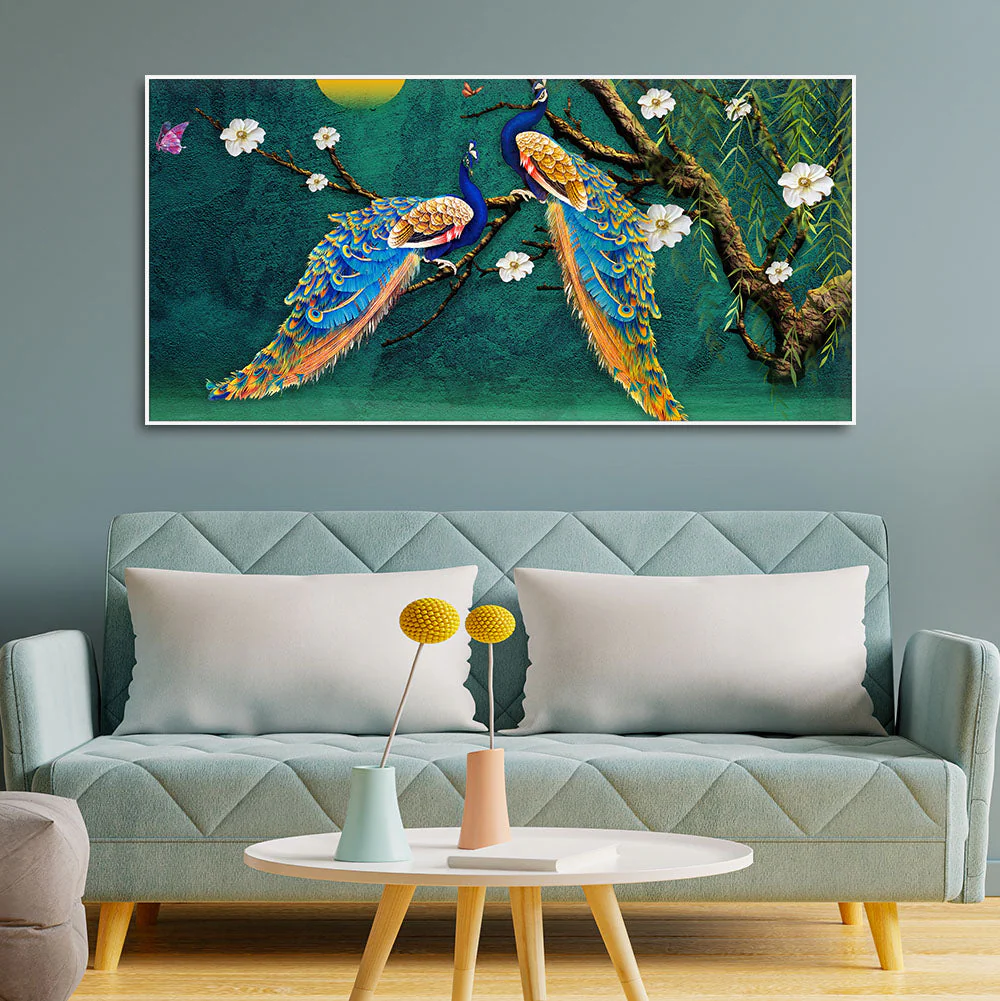 Beautiful Pair of Peacock Canvas Wall Painting - Image 3