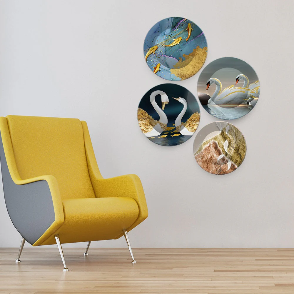 Beautiful Pair of Swan Couple Premium Wall Plates Painting Set of Four - Image 2