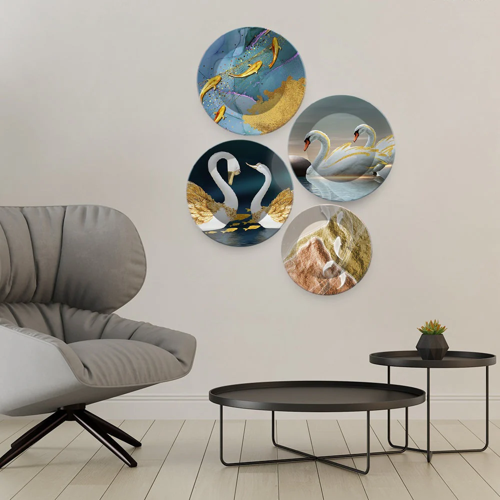 Beautiful Pair of Swan Couple Premium Wall Plates Painting Set of Four - Image 3