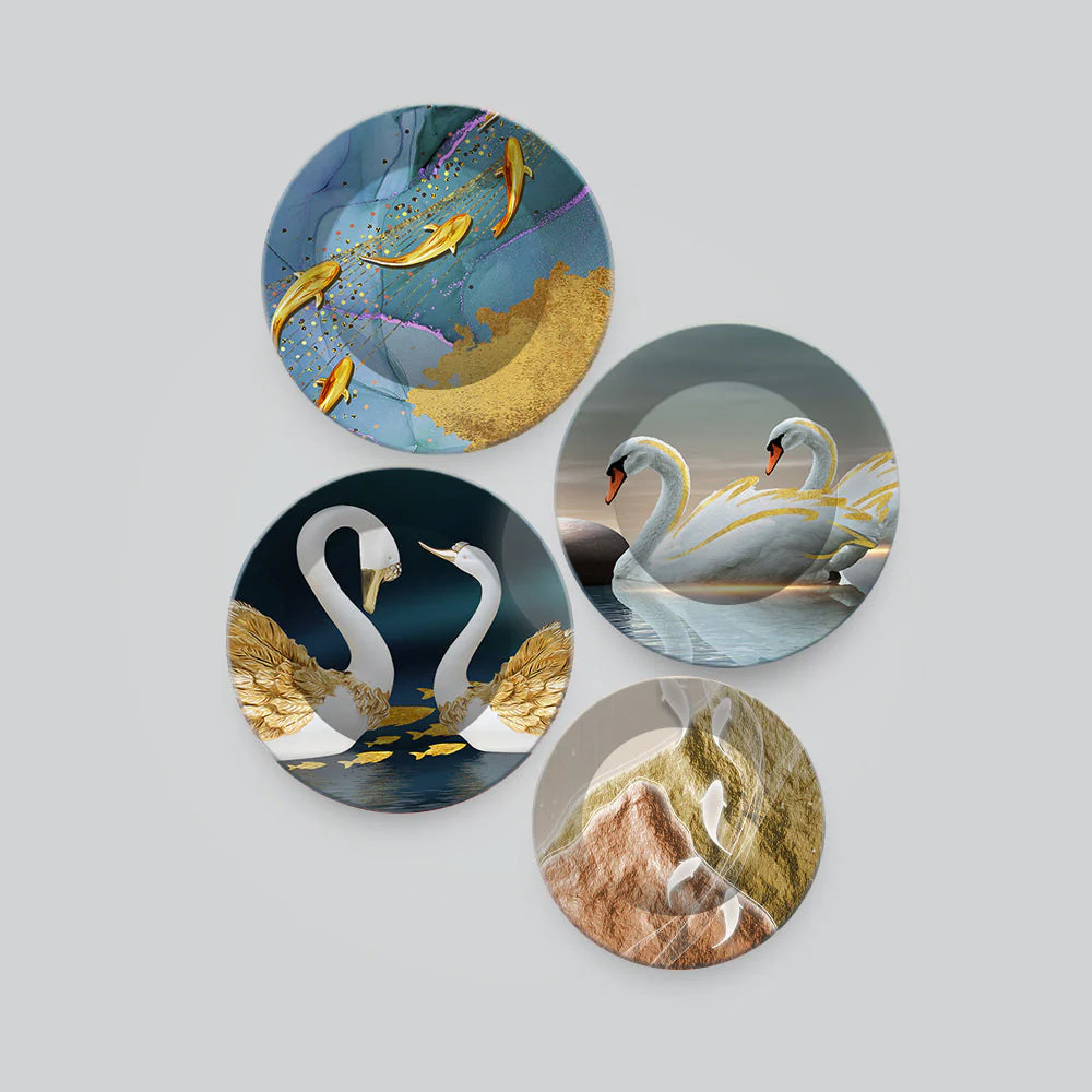 Beautiful Pair of Swan Couple Premium Wall Plates Painting Set of Four - Image 4
