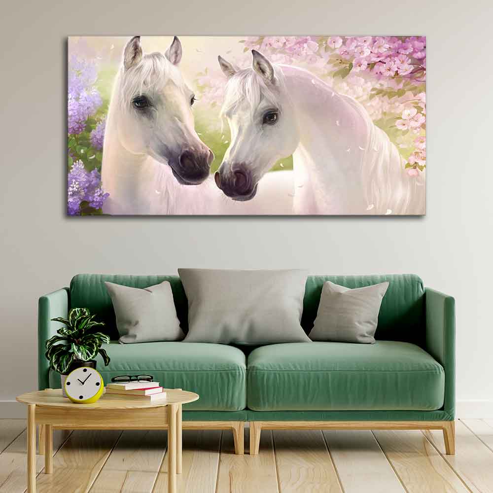 Beautiful Pair of White Horses Premium Wall Painting - Image 2