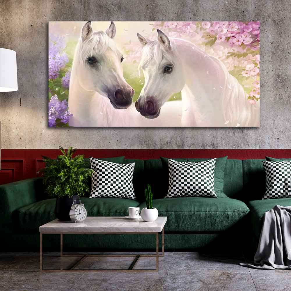 Beautiful Pair of White Horses Premium Wall Painting - Image 3