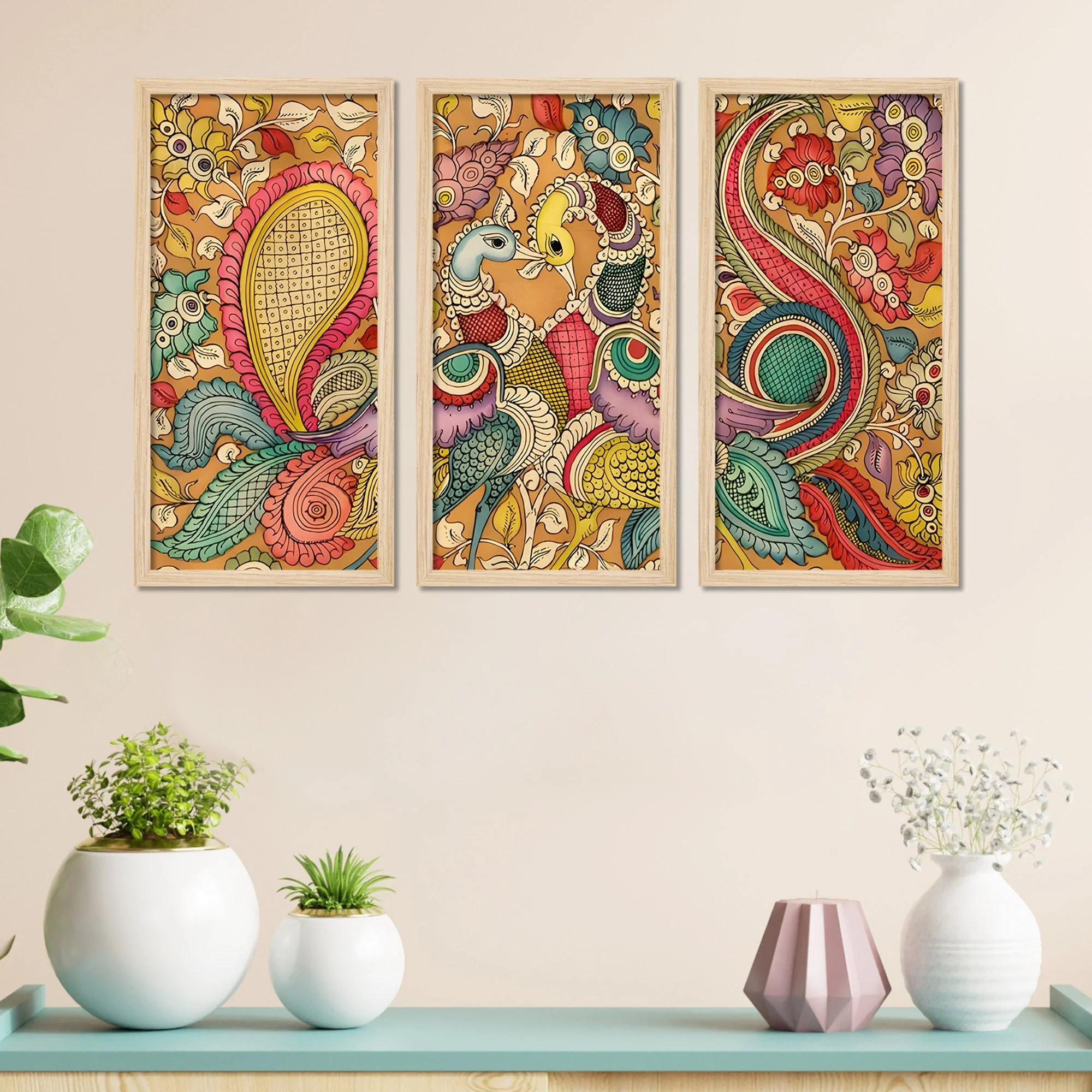 Beautiful Peacock Designer Floral Art Wooden Wall Frame Set of Three - Image 3