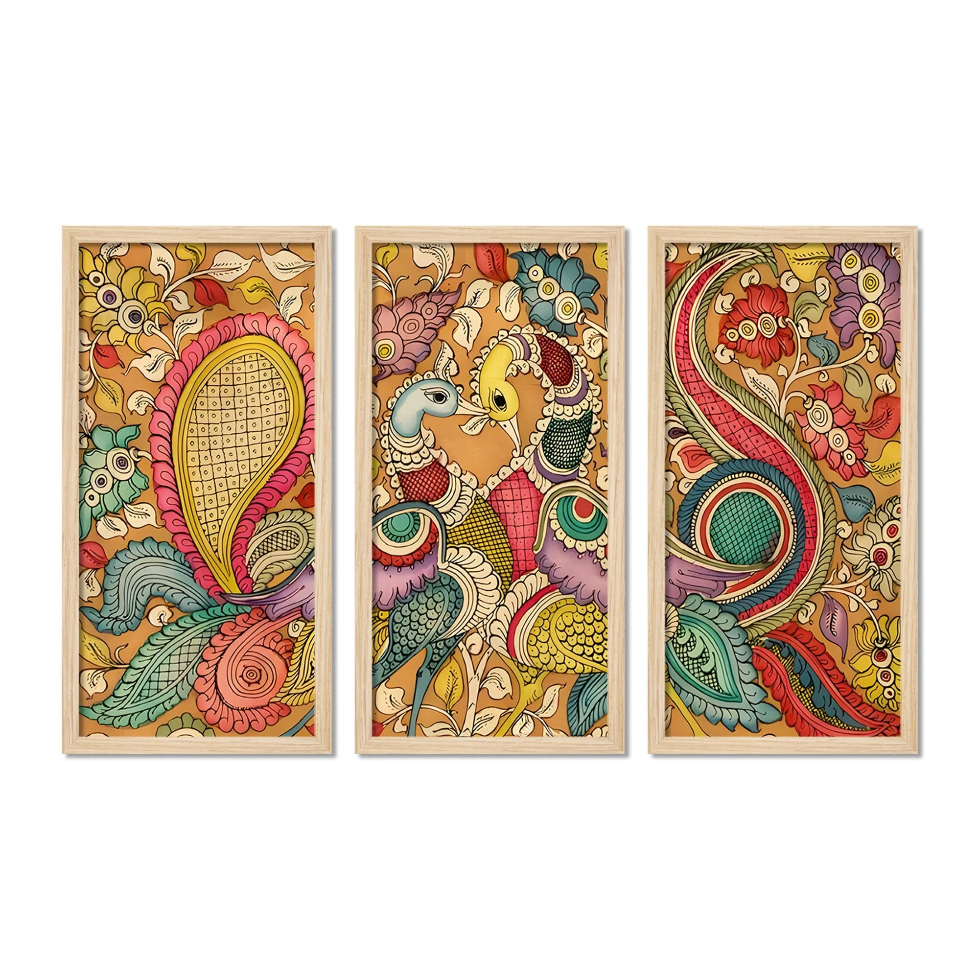 Beautiful Peacock Designer Floral Art Wooden Wall Frame Set of Three - Image 4
