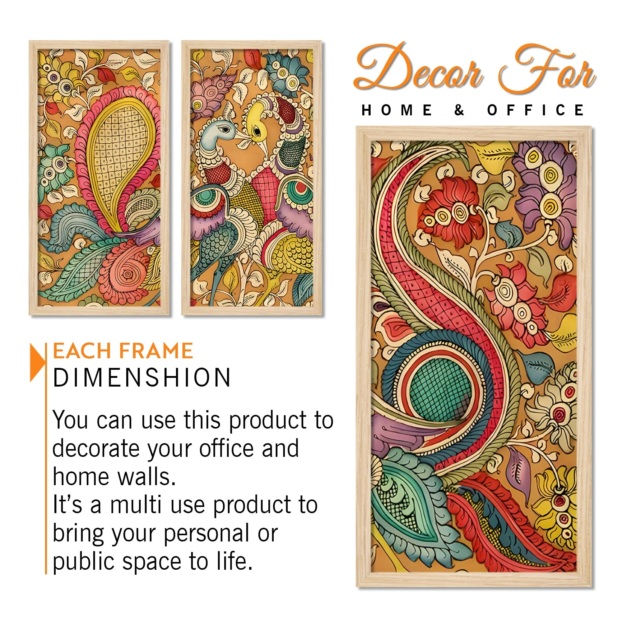 Beautiful Peacock Designer Floral Art Wooden Wall Frame Set of Three - Image 5