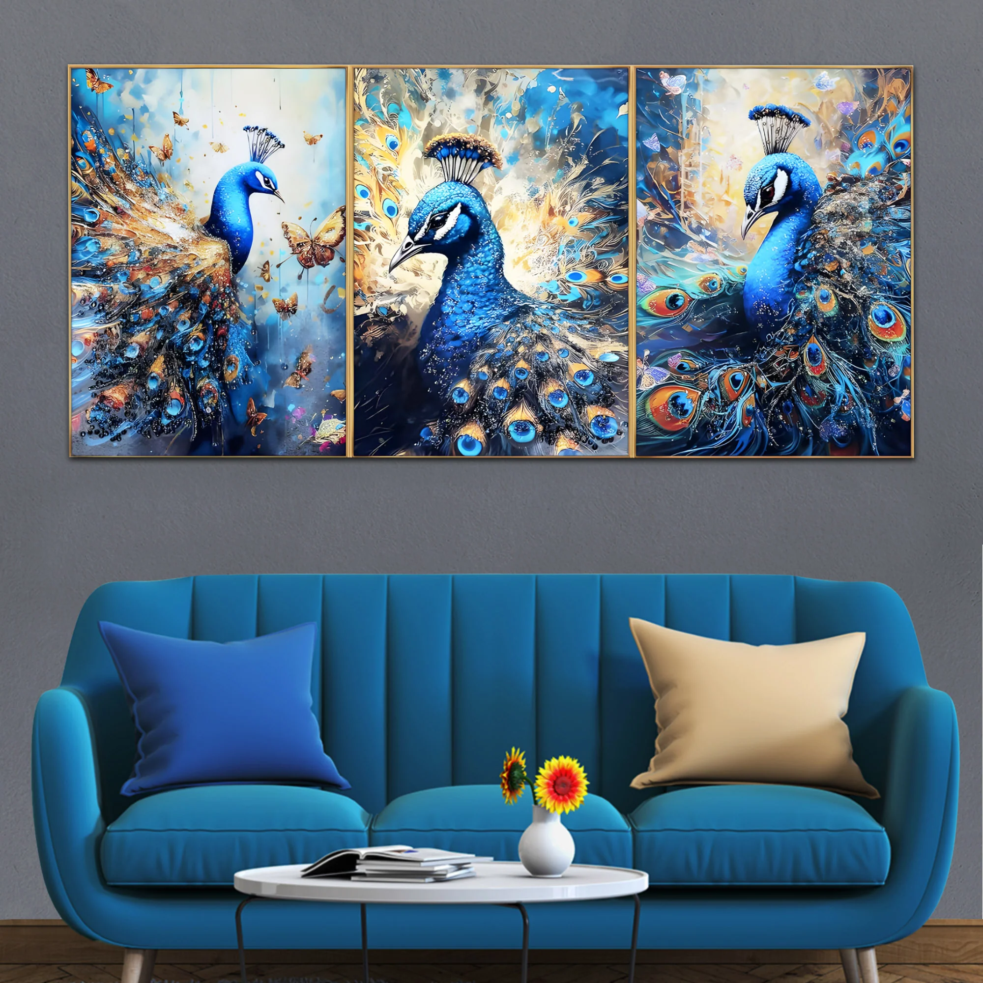 Beautiful Peacock Haven Crystal Glass Painting Set of 3 - Image 2