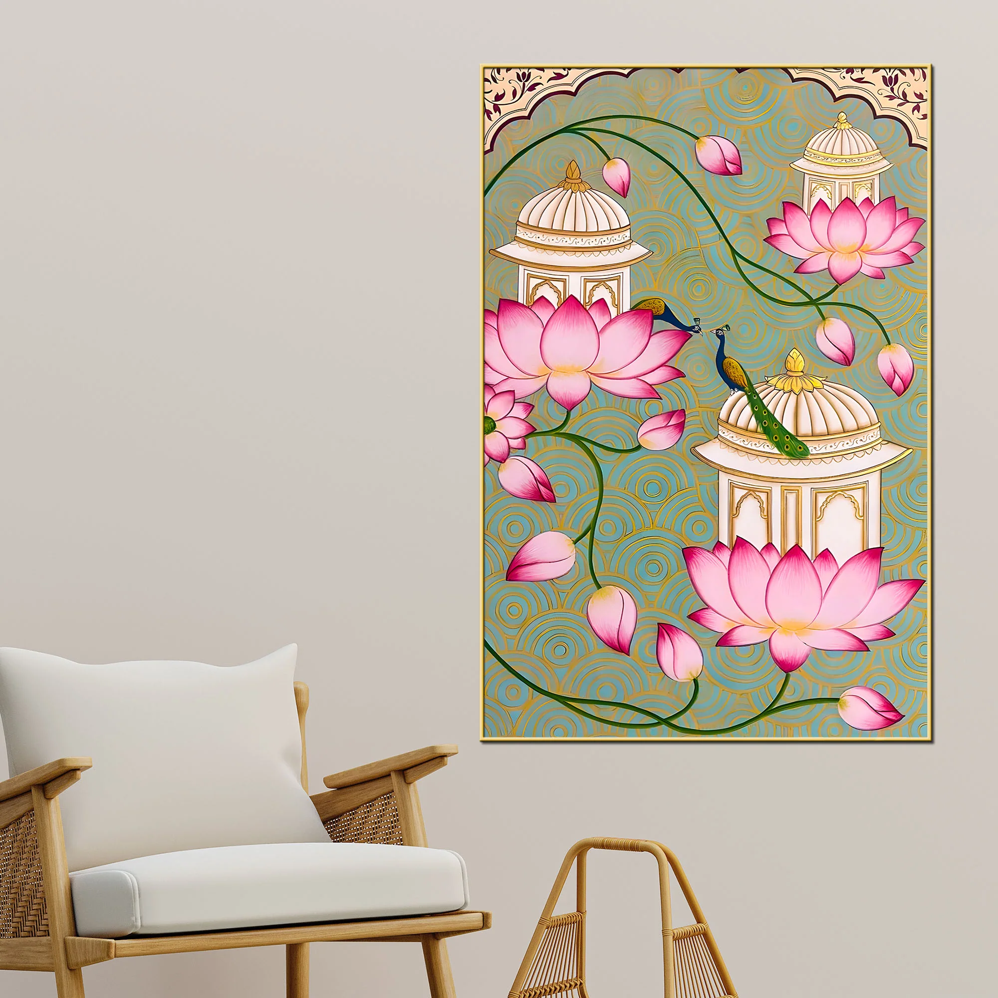 Beautiful Peacock Pink Lotus & Royal Palace Canvas Wall Painting