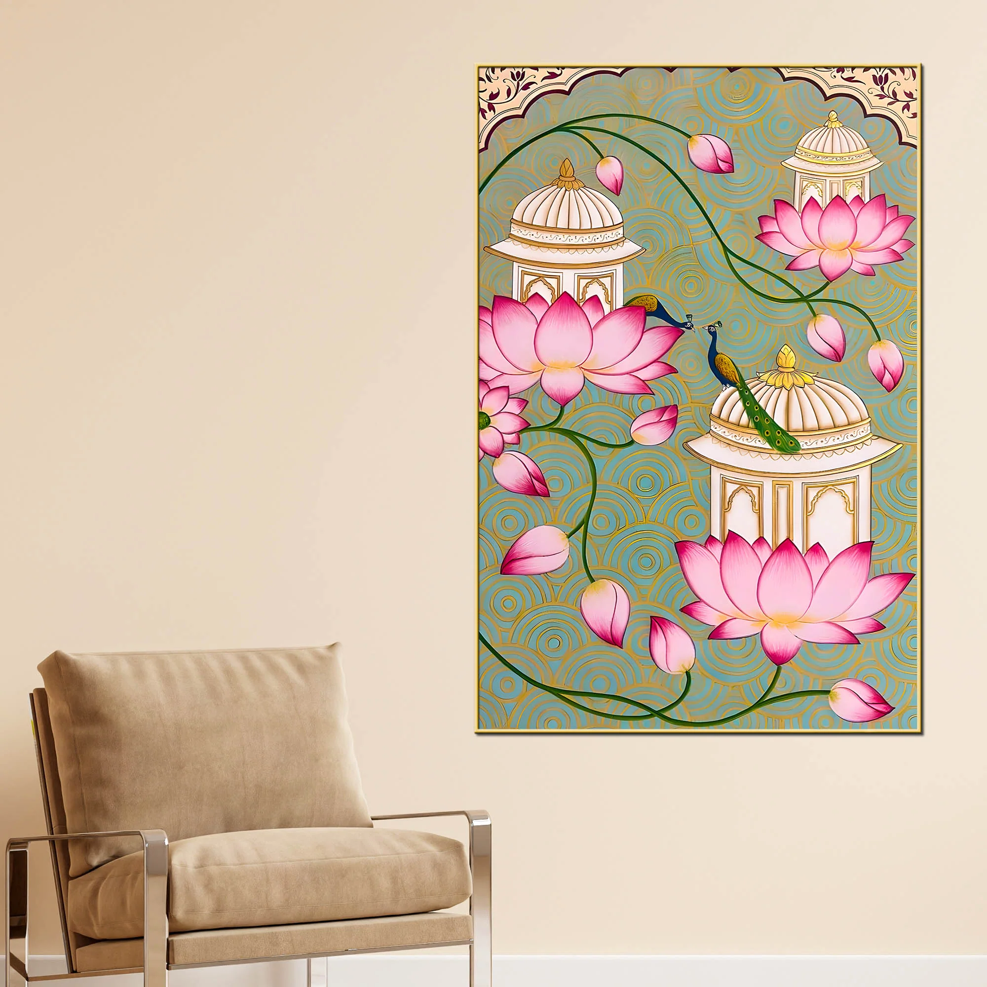 Beautiful Peacock Pink Lotus & Royal Palace Canvas Wall Painting - Image 2