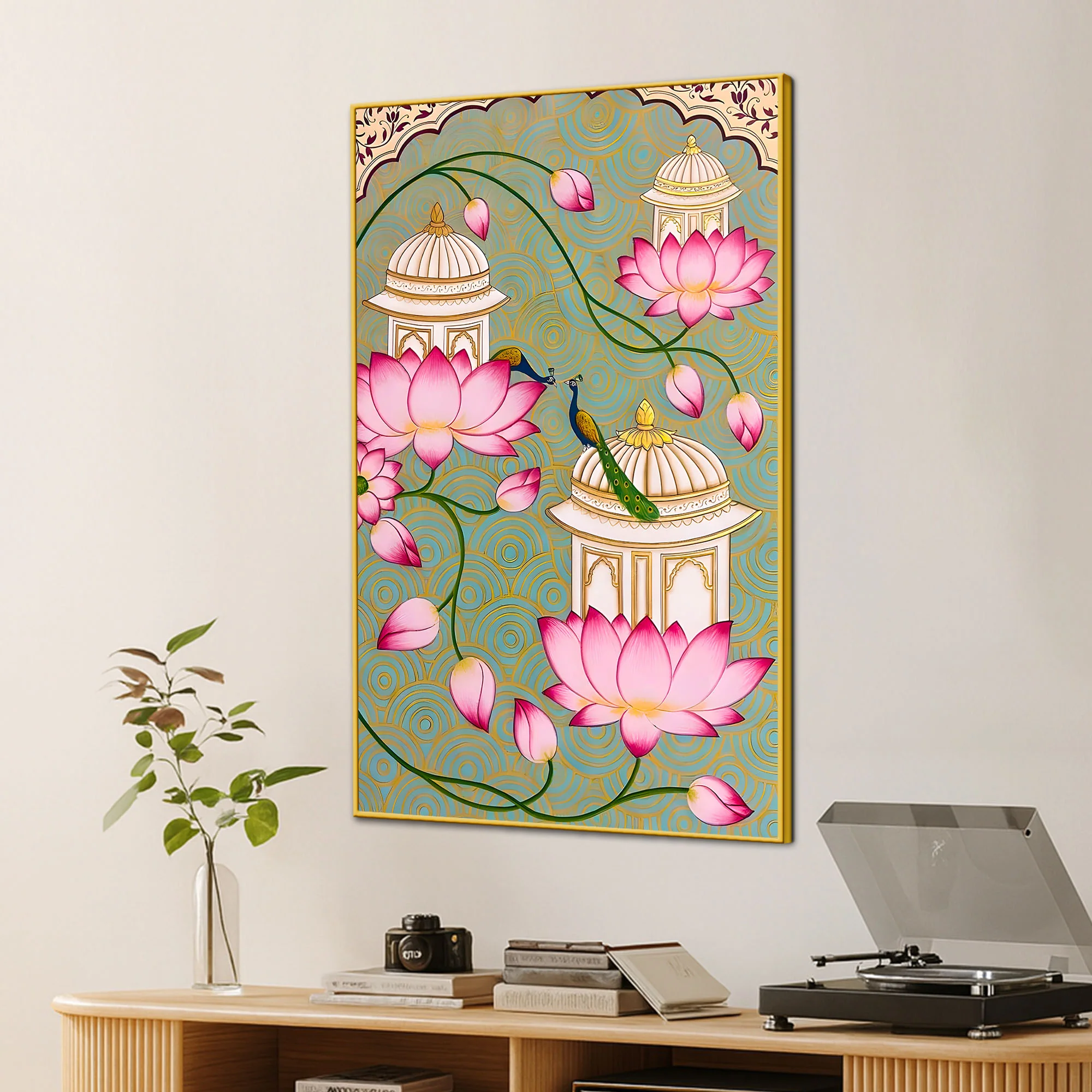Beautiful Peacock Pink Lotus & Royal Palace Canvas Wall Painting - Image 3