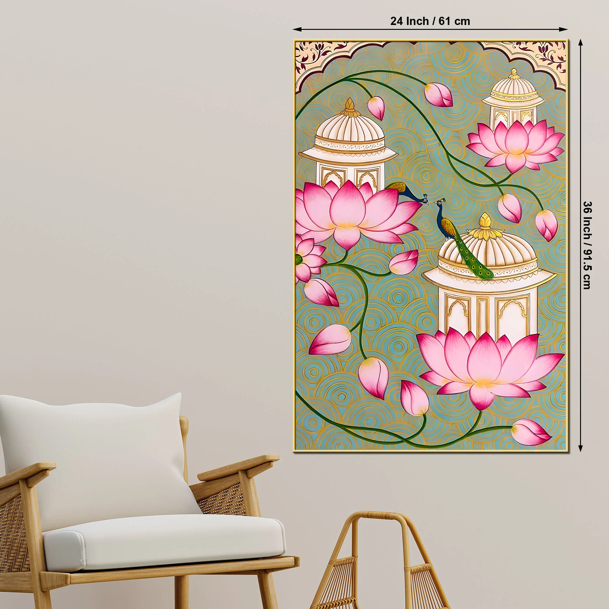 Beautiful Peacock Pink Lotus & Royal Palace Canvas Wall Painting - Image 5