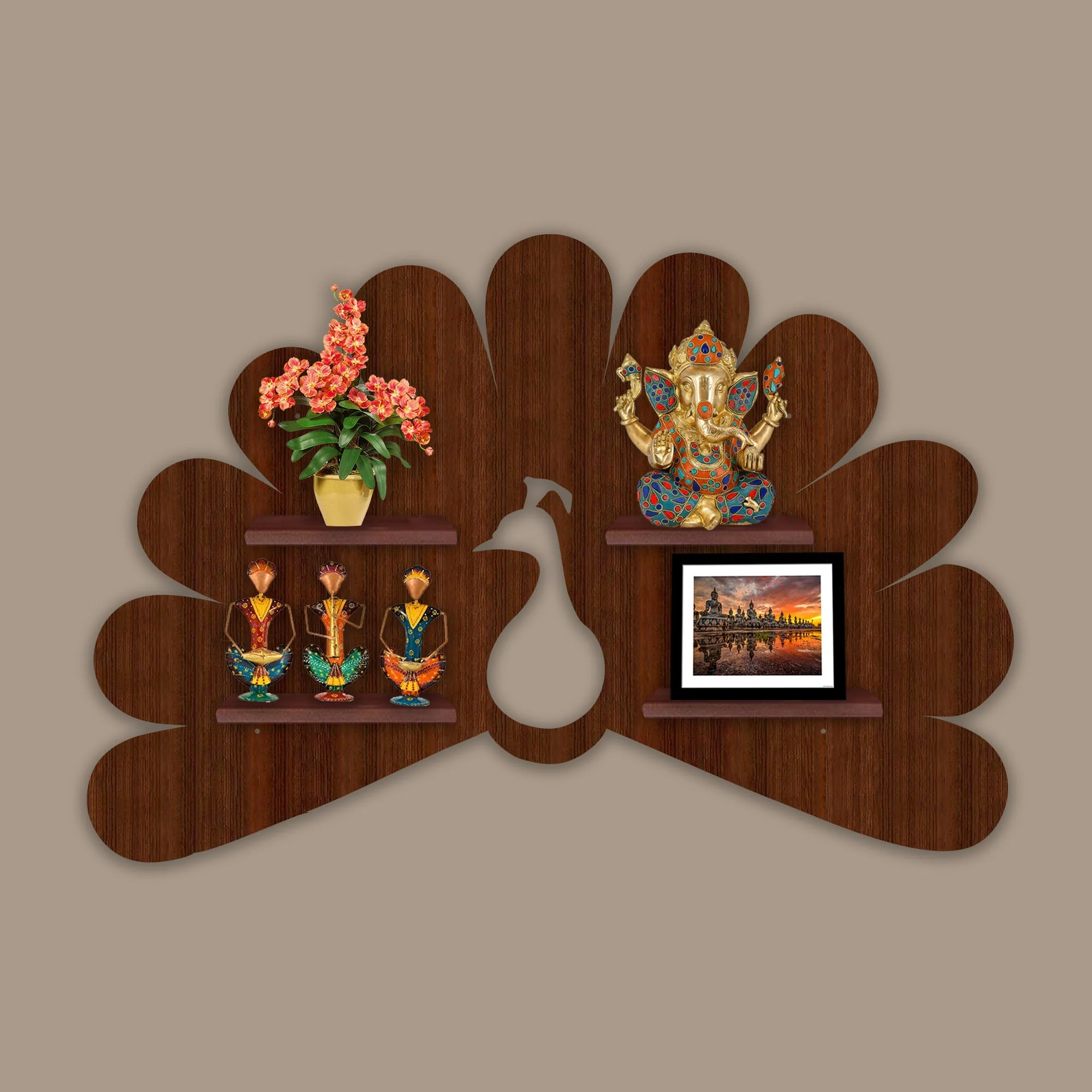 Beautiful Peacock Shape Wooden LED Light Wall Shelf with Walnut Finish - Image 4