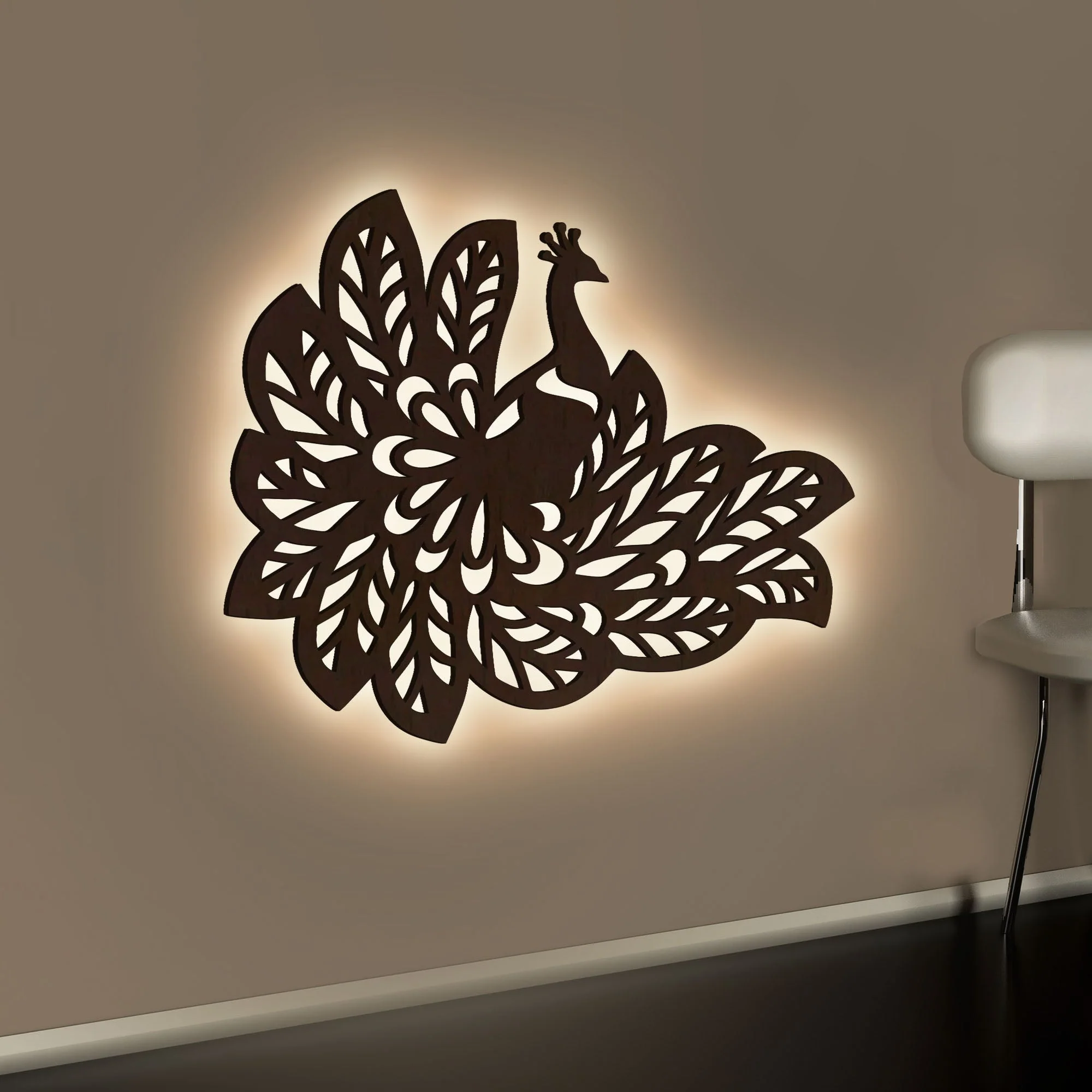 Beautiful Peacock Wings Designer Art Backlit Wooden Wall Decor with LED Night Light Walnut Finish - Image 2