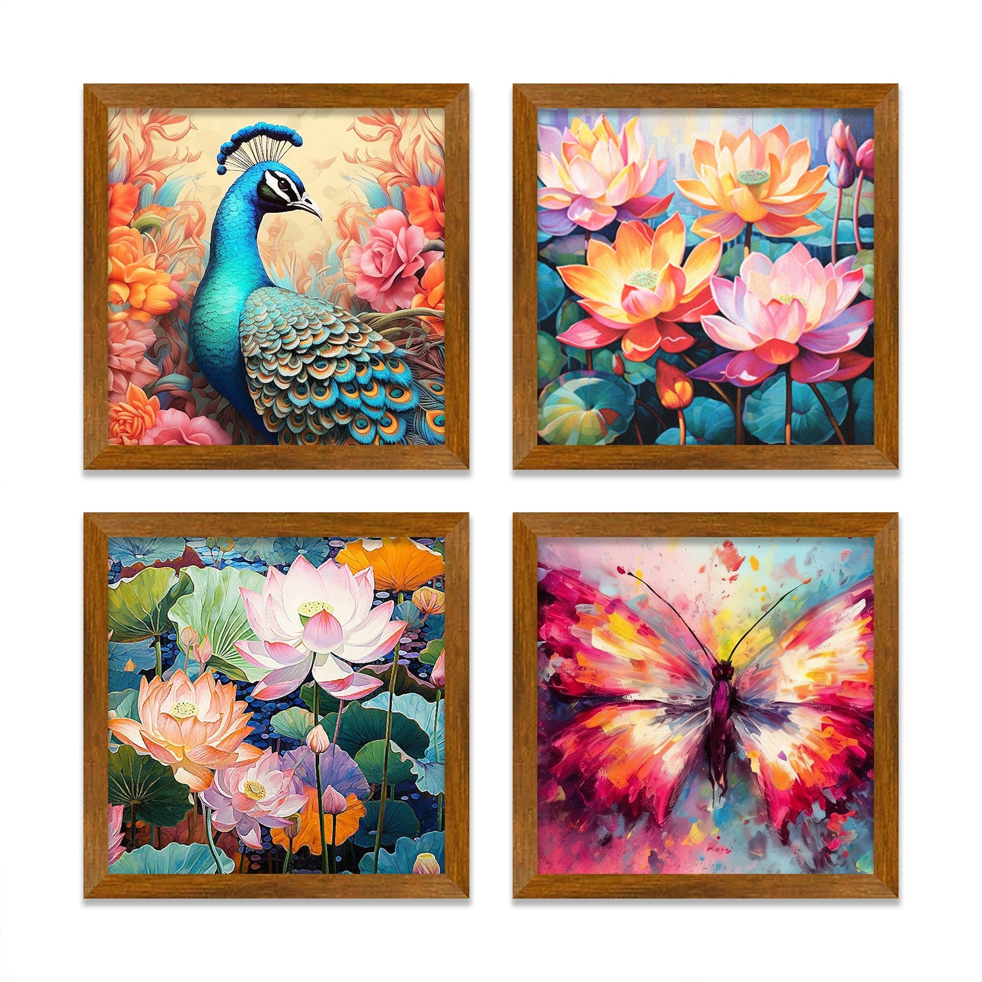 Beautiful Peacock with Colorful Flowers Wall Frame Set of Four - Image 3