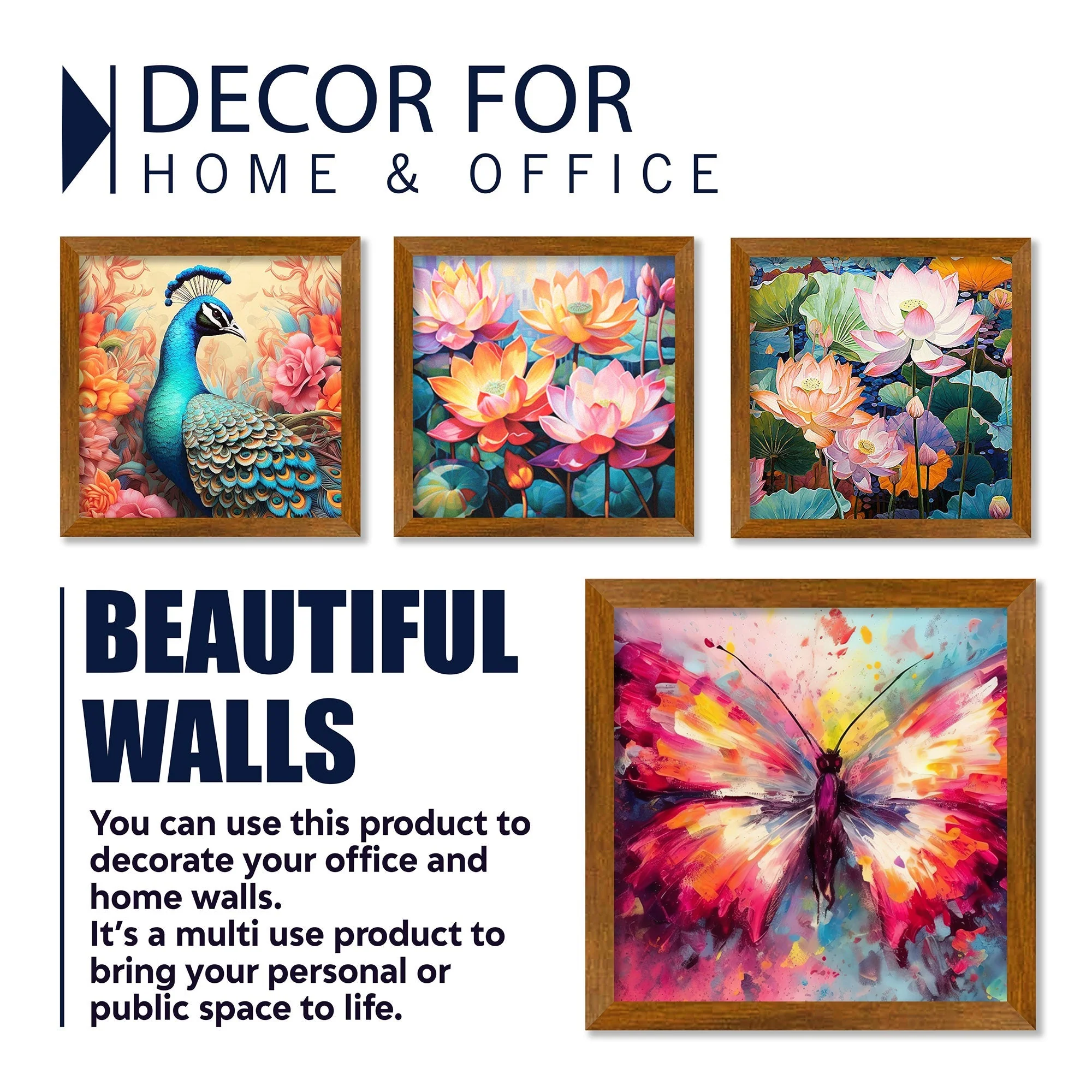 Beautiful Peacock with Colorful Flowers Wall Frame Set of Four - Image 4