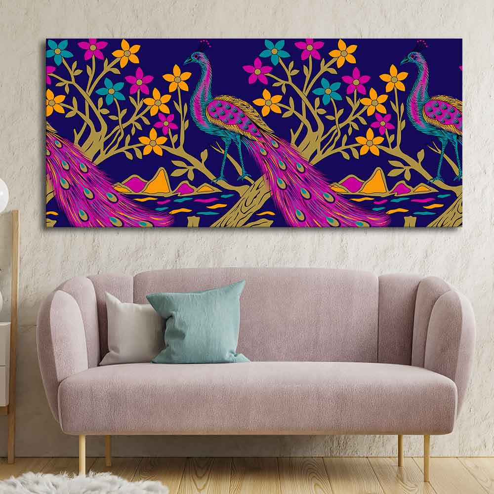 Beautiful Peacock With Flower Art Canvas Wall Painting - Image 2