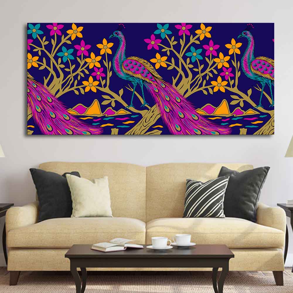 Beautiful Peacock With Flower Art Canvas Wall Painting - Image 3