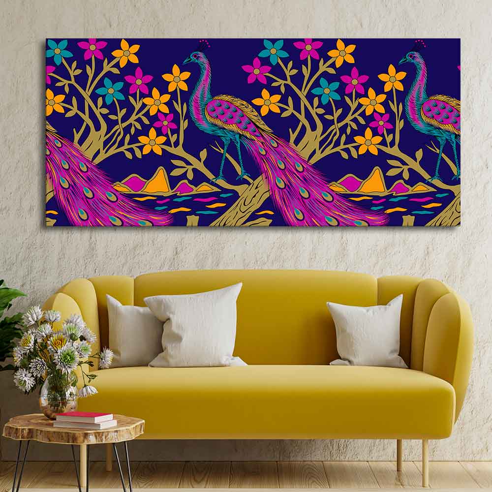 Beautiful Peacock With Flower Art Canvas Wall Painting - Image 4