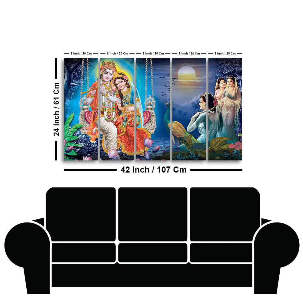 Beautiful Radha Krishna Canvas Wall Painting of Five Pieces - Image 6