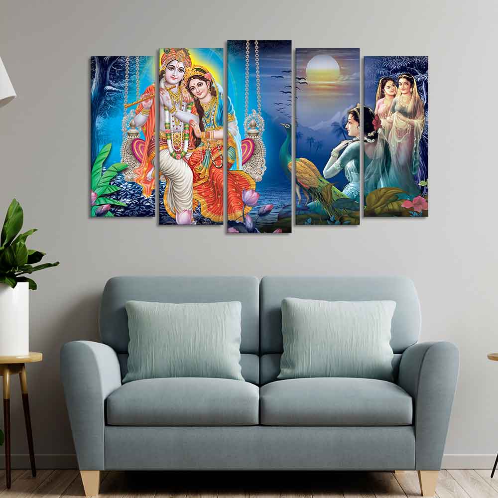 Beautiful Radha Krishna Canvas Wall Painting Set of Five Pieces - Image 2