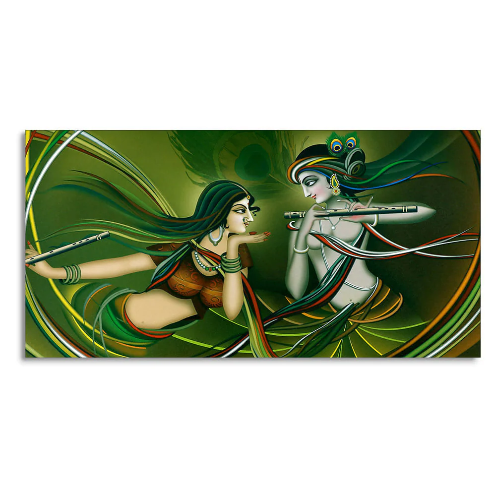 Beautiful Radha Krishna Playing with Flute Canvas Wall Painting - Image 4