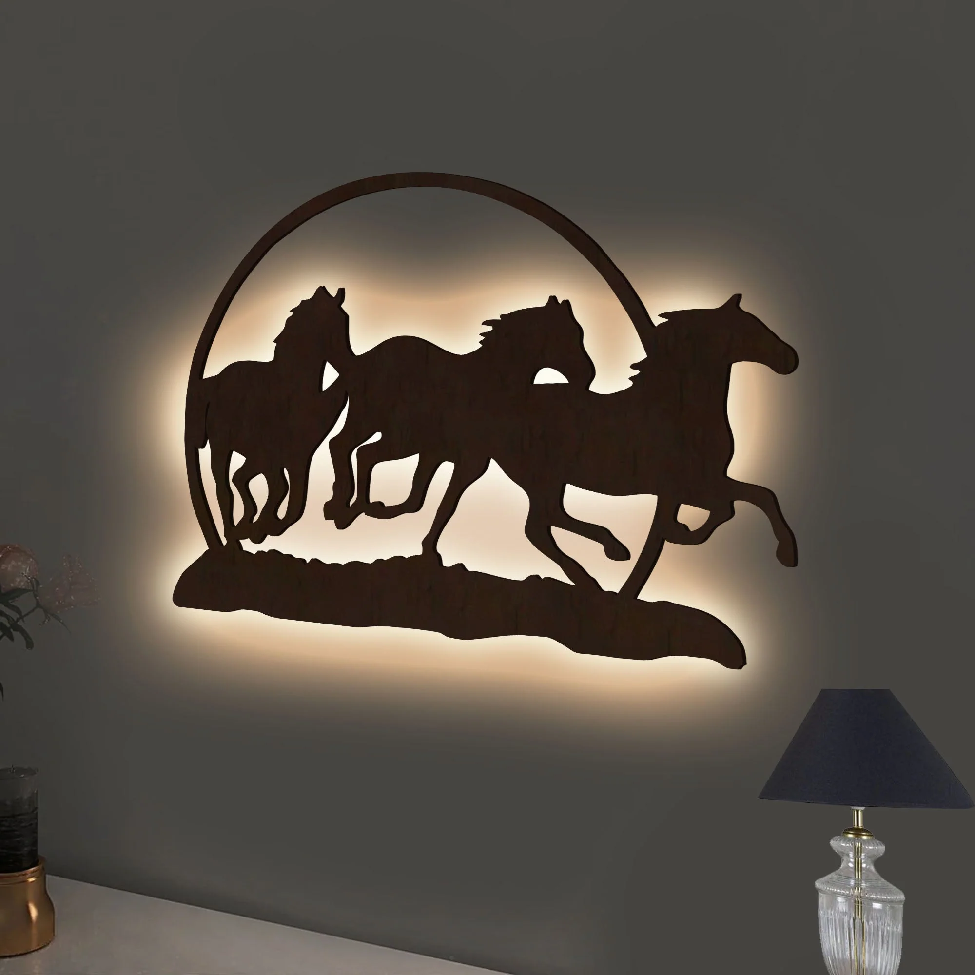 Beautiful Running Horse Backlit Wooden Wall Decor with LED Night Light Walnut Finish - Image 2